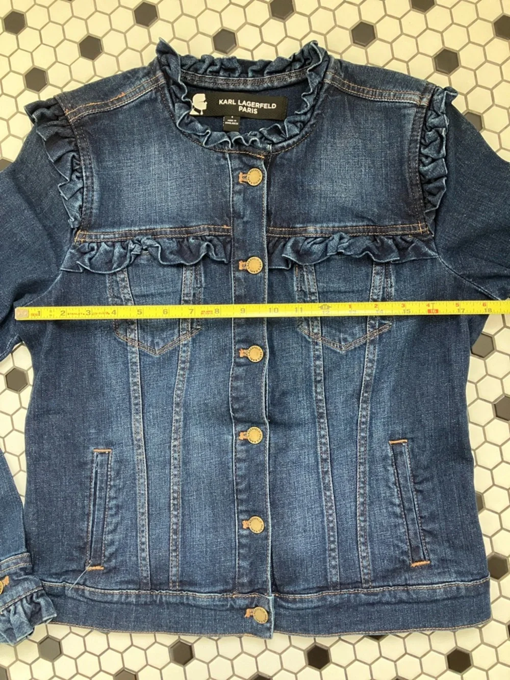 Whimsical Karl Lagerfeld Paris Dark Blue Ruffle-Trim Denim Jacket Sz. Small - Picture 9 of 15